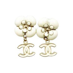 Chanel Ivory Camellia CC Dangle Piercing Earrings